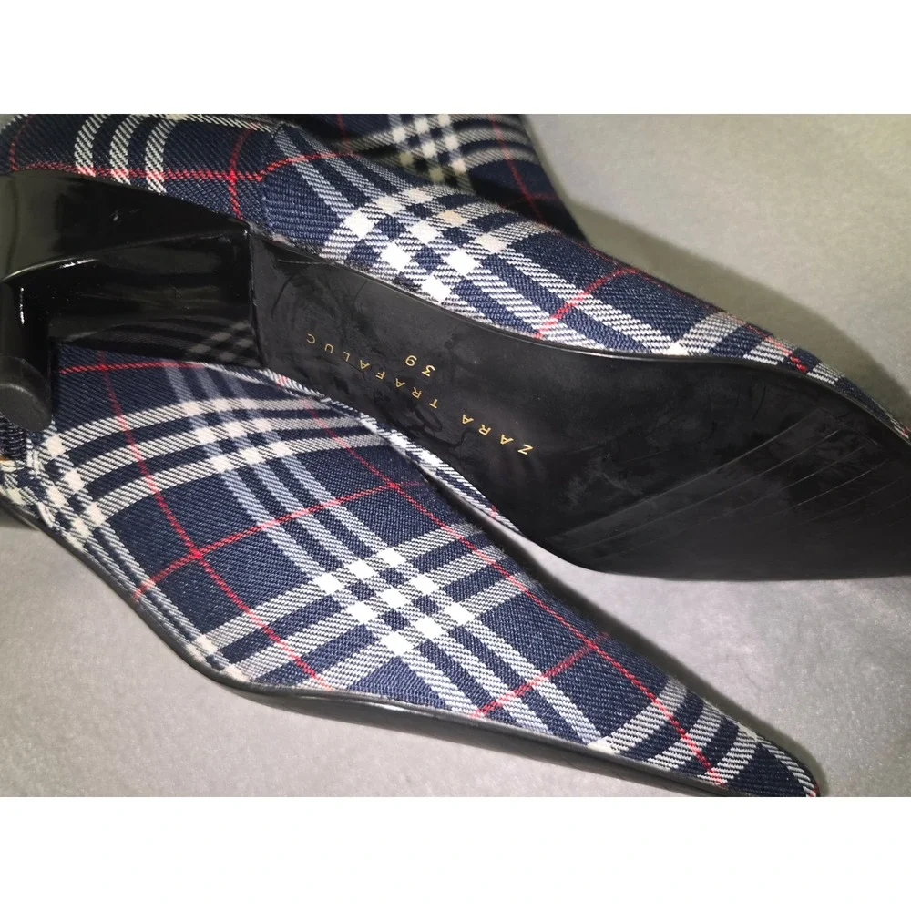 Zara Women Plaid Pointed Toe Kitten Heel Ankle Boots Size 8.5 - Picture 7 of 11